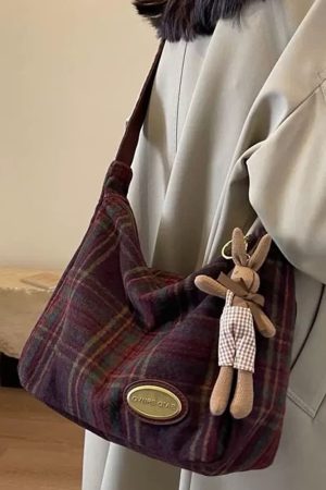 Casual Day Outfits, Easy Trendy Outfits Preppy Style Plaid Shoulder Bag