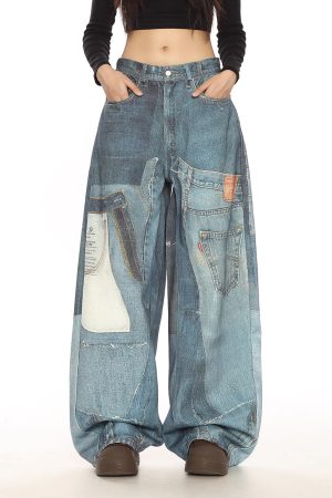 Casual Day Outfits, Easy Trendy Outfits Printed Panel Look Baggy Denim Pants