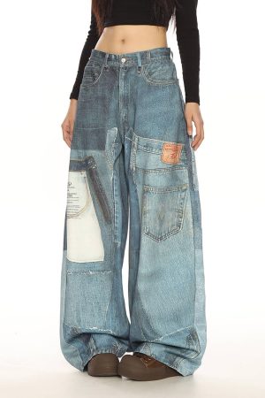 Casual Day Outfits, Easy Trendy Outfits Printed Panel Look Baggy Denim Pants