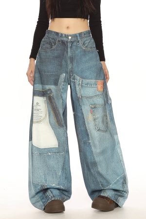 Casual Day Outfits, Easy Trendy Outfits Printed Panel Look Baggy Denim Pants