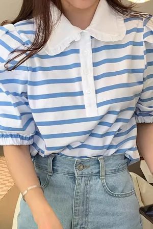 Casual Day Outfits, Easy Trendy Outfits Puff Sleeve Sailor Stripe Tee