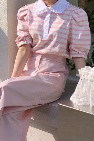 Casual Day Outfits, Easy Trendy Outfits Puff Sleeve Sailor Stripe Tee