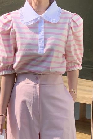 Casual Day Outfits, Easy Trendy Outfits Puff Sleeve Sailor Stripe Tee