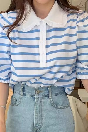 Casual Day Outfits, Easy Trendy Outfits Puff Sleeve Sailor Stripe Tee