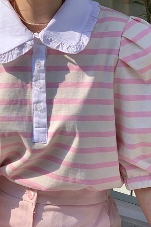 Casual Day Outfits, Easy Trendy Outfits Puff Sleeve Sailor Stripe Tee