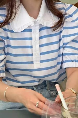 Casual Day Outfits, Easy Trendy Outfits Puff Sleeve Sailor Stripe Tee