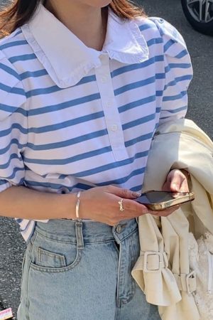 Casual Day Outfits, Easy Trendy Outfits Puff Sleeve Sailor Stripe Tee