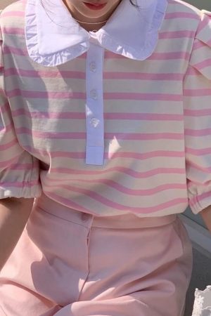 Casual Day Outfits, Easy Trendy Outfits Puff Sleeve Sailor Stripe Tee