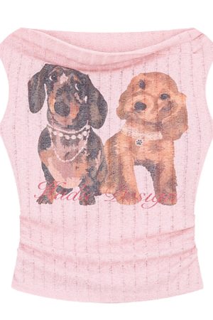 Casual Day Outfits, Easy Trendy Outfits Puppy Print Off Shoulder Top