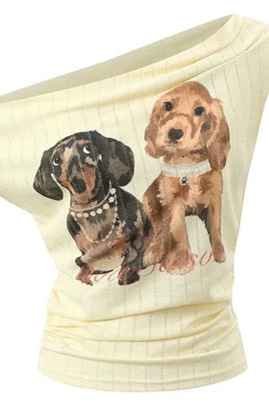 Casual Day Outfits, Easy Trendy Outfits Puppy Print Off Shoulder Top