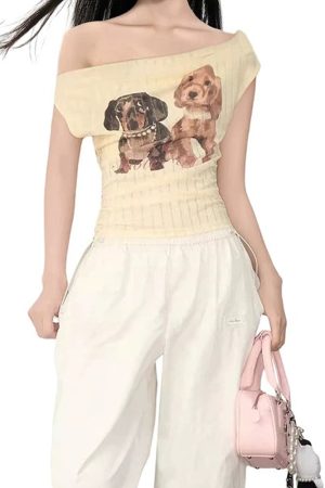 Casual Day Outfits, Easy Trendy Outfits Puppy Print Off Shoulder Top
