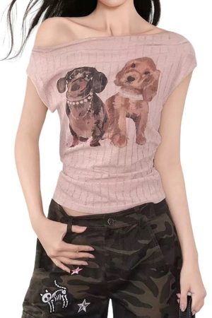 Casual Day Outfits, Easy Trendy Outfits Puppy Print Off Shoulder Top