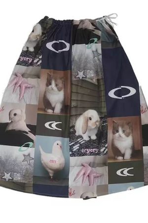 Casual Day Outfits, Easy Trendy Outfits Rabbit & Cat Print Aesthetic Midi Skirt
