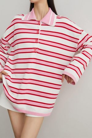 Casual Day Outfits, Easy Trendy Outfits Raspberry Ice Cream Stripe Oversized Polo