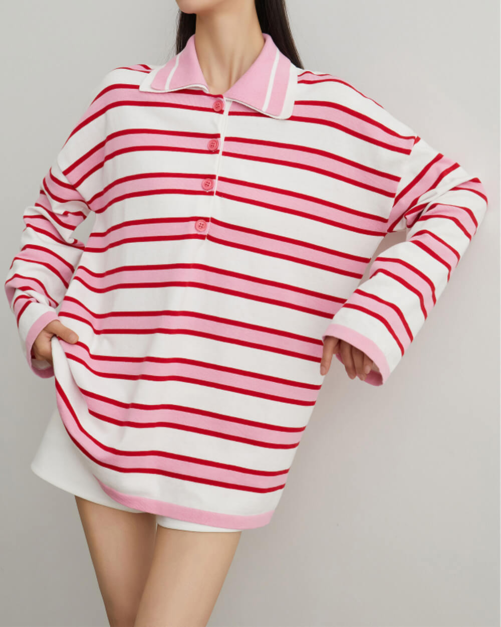 Casual Day Outfits, Easy Trendy Outfits Raspberry Ice Cream Stripe Oversized Polo Casual Day Outfits, Easy Trendy Outfits Raspberry Ice Cream Stripe Oversized Polo