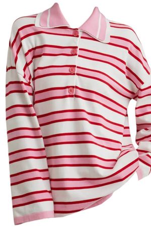 Casual Day Outfits, Easy Trendy Outfits Raspberry Ice Cream Stripe Oversized Polo