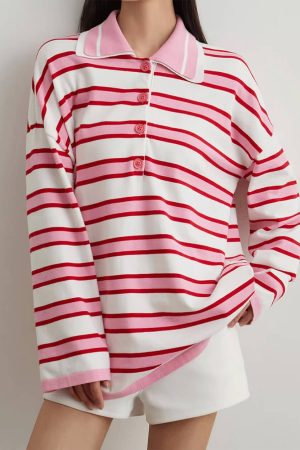 Casual Day Outfits, Easy Trendy Outfits Raspberry Ice Cream Stripe Oversized Polo