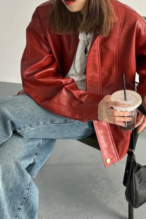 Casual Day Outfits, Easy Trendy Outfits Red Grunge Leather Jacket