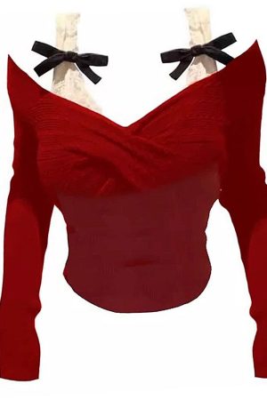 Casual Day Outfits, Easy Trendy Outfits Red Off-Shoulder Bow Top