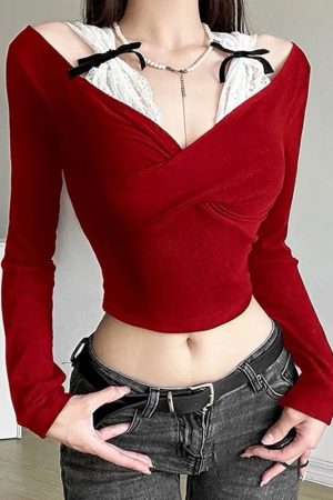 Casual Day Outfits, Easy Trendy Outfits Red Off-Shoulder Bow Top