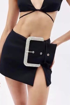 Casual Day Outfits, Easy Trendy Outfits Rhinestone Buckle Mini Skirt