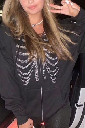 Casual Day Outfits, Easy Trendy Outfits Rhinestone Skeleton Hoodie