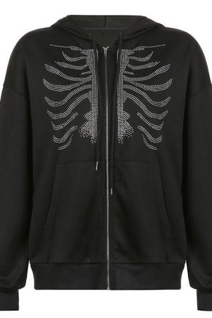 Casual Day Outfits, Easy Trendy Outfits Rhinestone Skeleton Hoodie