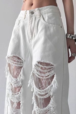 Casual Day Outfits, Easy Trendy Outfits Ripped Lace Baggy Jeans