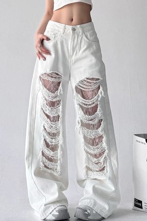 Casual Day Outfits, Easy Trendy Outfits Ripped Lace Baggy Jeans