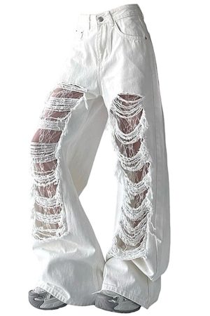 Casual Day Outfits, Easy Trendy Outfits Ripped Lace Baggy Jeans