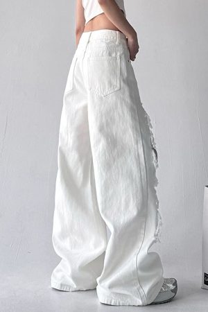 Casual Day Outfits, Easy Trendy Outfits Ripped Lace Baggy Jeans