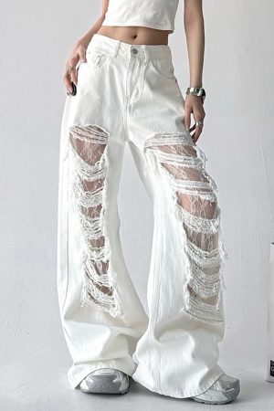Casual Day Outfits, Easy Trendy Outfits Ripped Lace Baggy Jeans