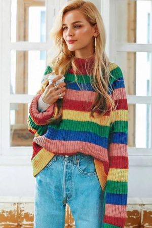 Casual Day Outfits, Easy Trendy Outfits Roll Neck Rainbow Jumper