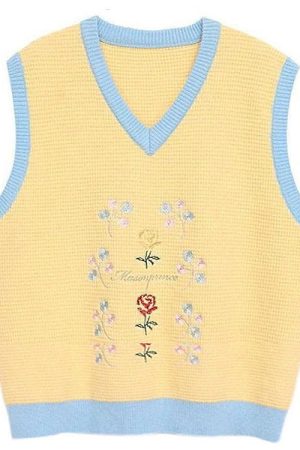 Casual Day Outfits, Easy Trendy Outfits Rose Embroidery Knit Vest
