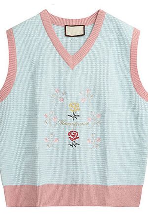 Casual Day Outfits, Easy Trendy Outfits Rose Embroidery Knit Vest