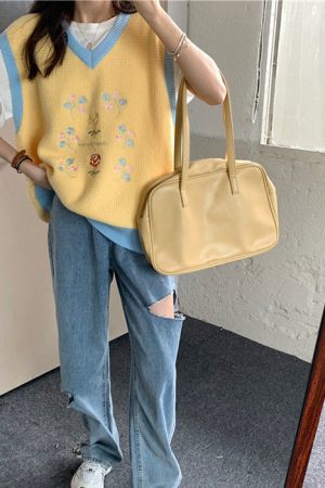 Casual Day Outfits, Easy Trendy Outfits Rose Embroidery Knit Vest