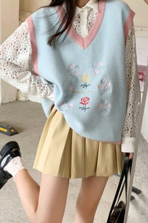 Casual Day Outfits, Easy Trendy Outfits Rose Embroidery Knit Vest
