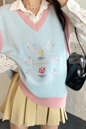 Casual Day Outfits, Easy Trendy Outfits Rose Embroidery Knit Vest