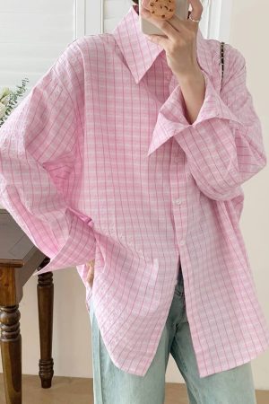 Casual Day Outfits, Easy Trendy Outfits Rue des Fleurs Pastel Plaid Loose Shirt