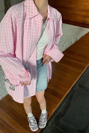 Casual Day Outfits, Easy Trendy Outfits Rue des Fleurs Pastel Plaid Loose Shirt