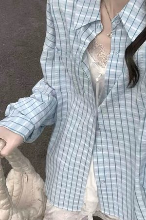 Casual Day Outfits, Easy Trendy Outfits Rue des Fleurs Pastel Plaid Loose Shirt