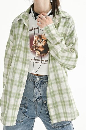 Casual Day Outfits, Easy Trendy Outfits Sage Green Plaid Oversized Shirt