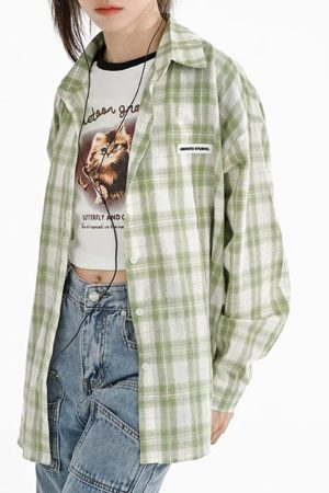 Casual Day Outfits, Easy Trendy Outfits Sage Green Plaid Oversized Shirt
