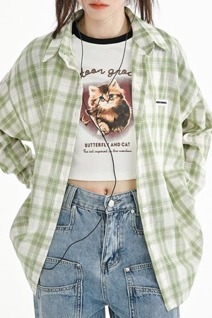 Casual Day Outfits, Easy Trendy Outfits Sage Green Plaid Oversized Shirt
