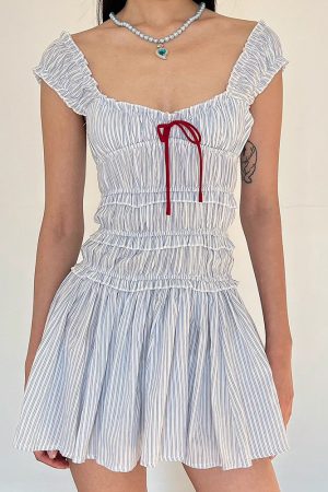 Casual Day Outfits, Easy Trendy Outfits Seaside Striped Ruffle Mini Dress