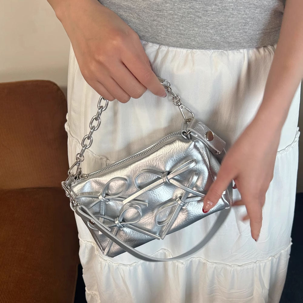 Casual Day Outfits, Easy Trendy Outfits Silver Bows Shoulder Bag Casual Day Outfits, Easy Trendy Outfits Silver Bows Shoulder Bag