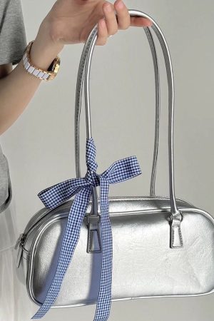 Casual Day Outfits, Easy Trendy Outfits Silver Shoulder Bag with Gingham Bow