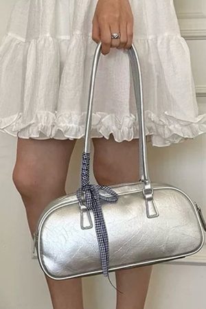 Casual Day Outfits, Easy Trendy Outfits Silver Shoulder Bag with Gingham Bow