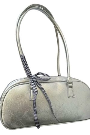 Casual Day Outfits, Easy Trendy Outfits Silver Shoulder Bag with Gingham Bow