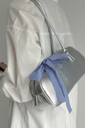 Casual Day Outfits, Easy Trendy Outfits Silver Shoulder Bag with Gingham Bow